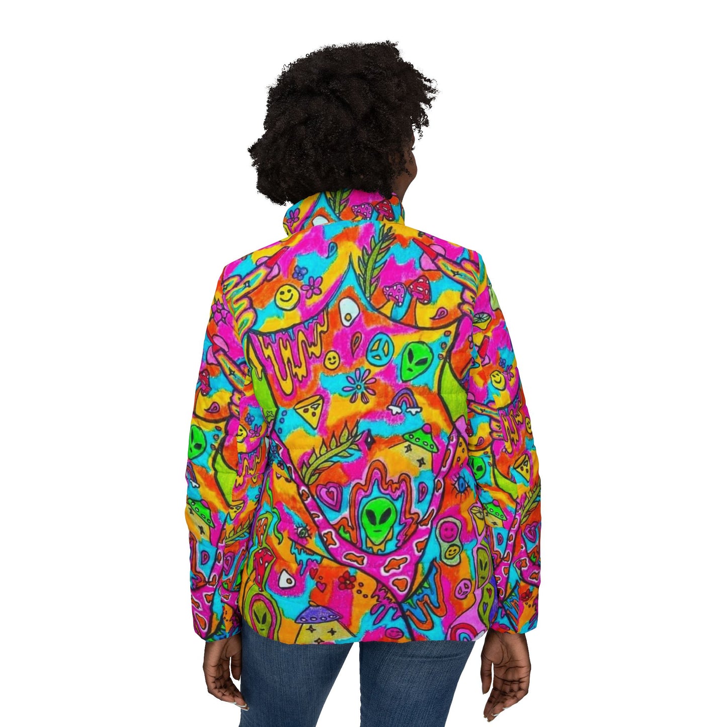 Colorful Women’s Puffer Jacket, Vibrant Winter Coat, Funky Outerwear, Trendy Warm Jacket, Perfect for Festivals, Unique Gift Idea