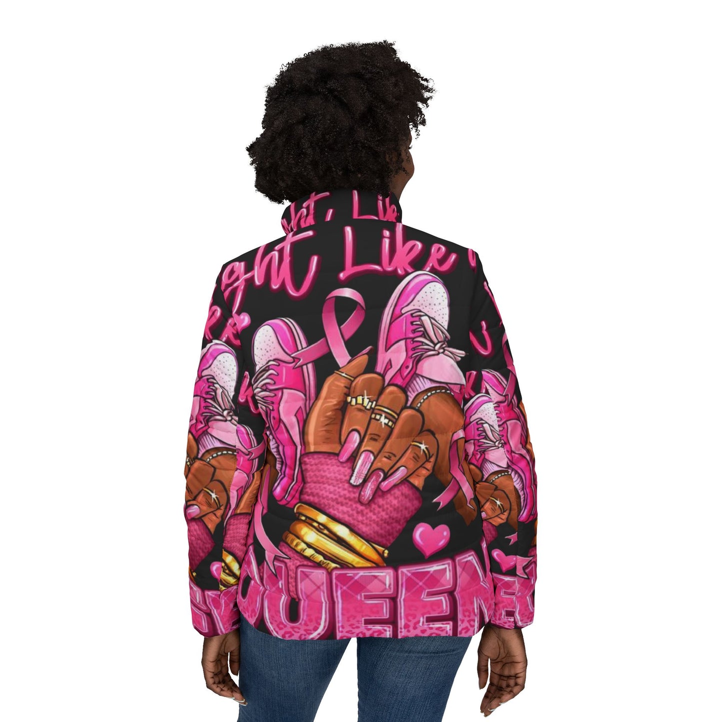 Empowering Women’s Puffer Jacket | Fight Like a Queen | Cozy Outerwear for Cancer Awareness, Casual Style, Gift for Strong Women