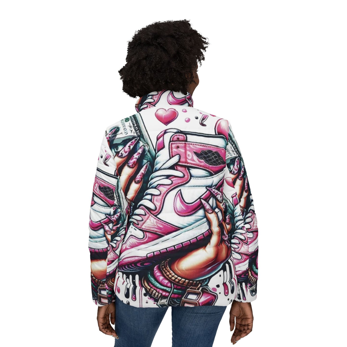 Trendy Women's Street Art Puffer Jacket, Bold Graphic Coat, Fashionable Outerwear, Sneaker Culture Jacket, Stylish Winter Wear