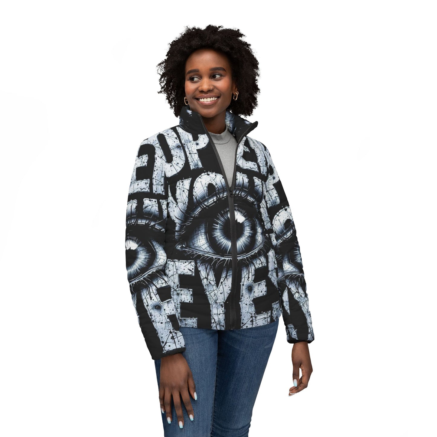 Edgy Women’s Puffer Jacket - Open Your Eyes, Streetwear, Fashion Outerwear, Artistic Design, Unisex