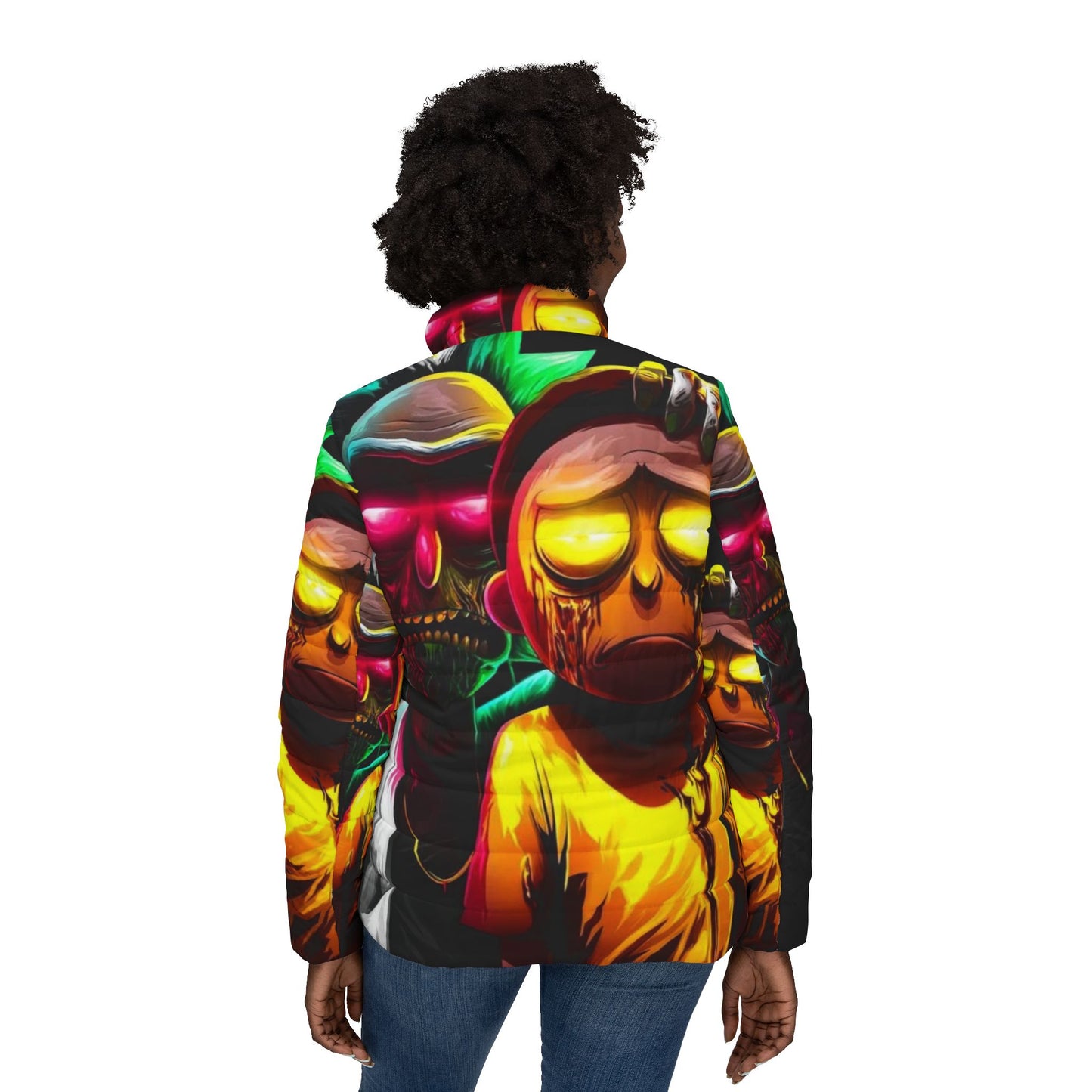 Vibrant Cartoon Puffer Jacket, Women's Stylish Outerwear, Trendy Winter Jacket, Unique Layering Piece, Cartoon Character Apparel