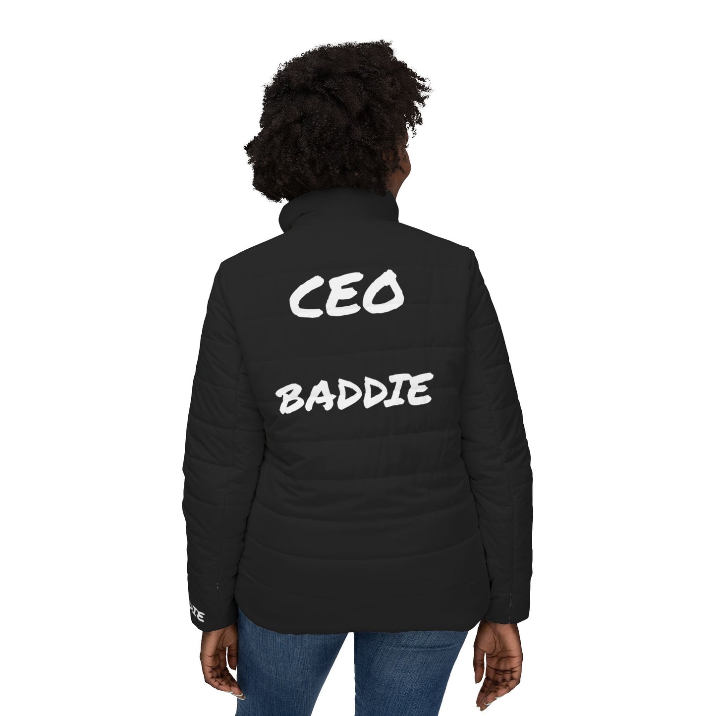 Chic Women’s Puffer Jacket, Trendy Outerwear, Fashionable Winter Coat, Bold CEO Style, Perfect Gift for Boss Ladies, AOP Design