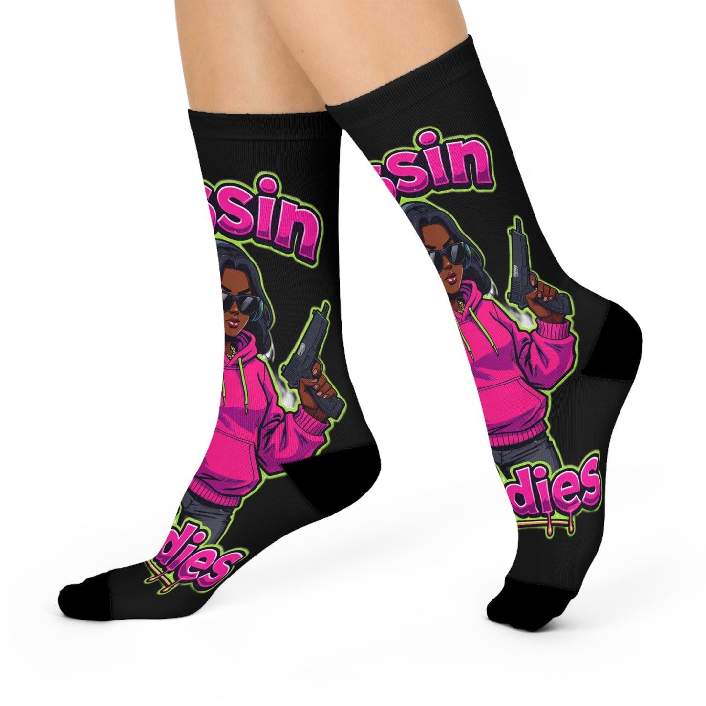 “Bussin baddie”Trendy Cushioned Crew Socks, Funky Gift for Her, Cozy Fashion Socks, Hip Hop Socks, Fun Casual Wear