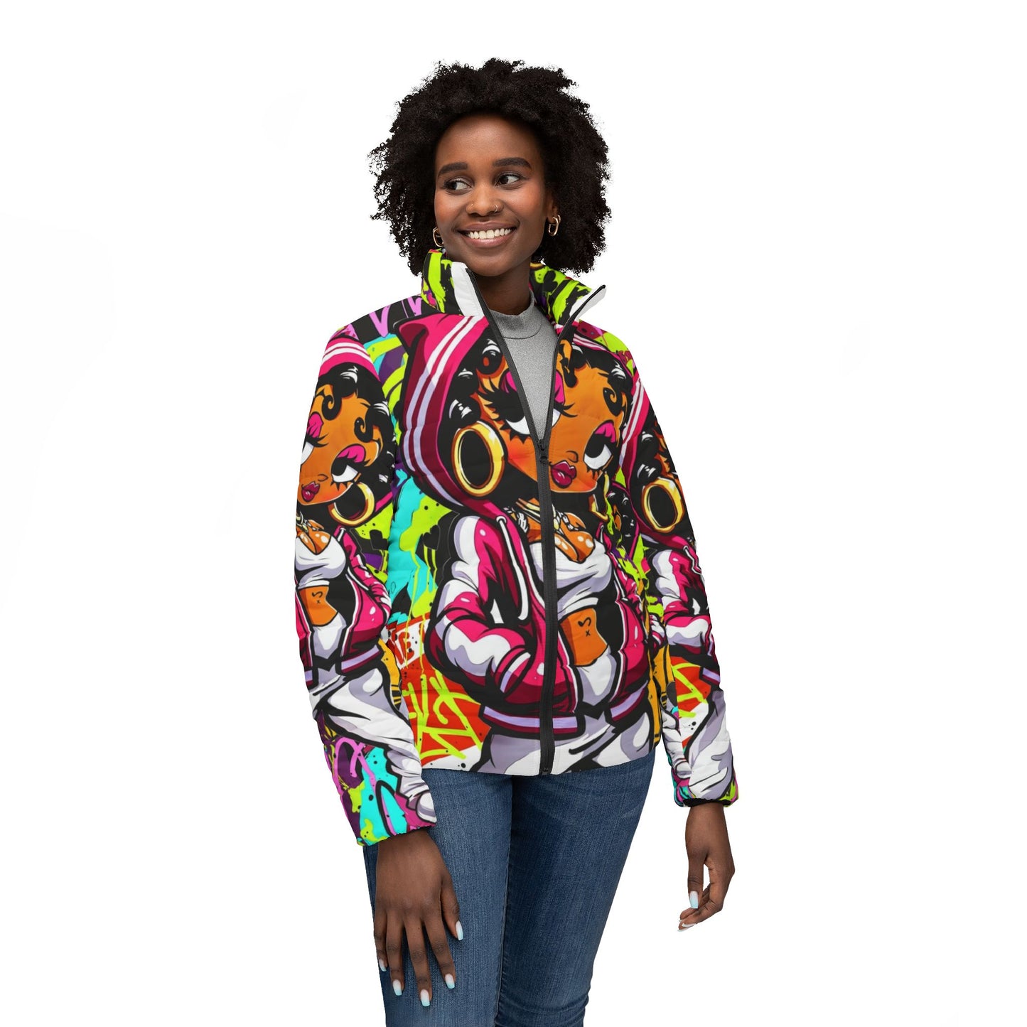 Vibrant Graffiti Women's Puffer Jacket, Streetwear, Urban Style, Fashion Outerwear, Gift for Her, Unique Layering Piece