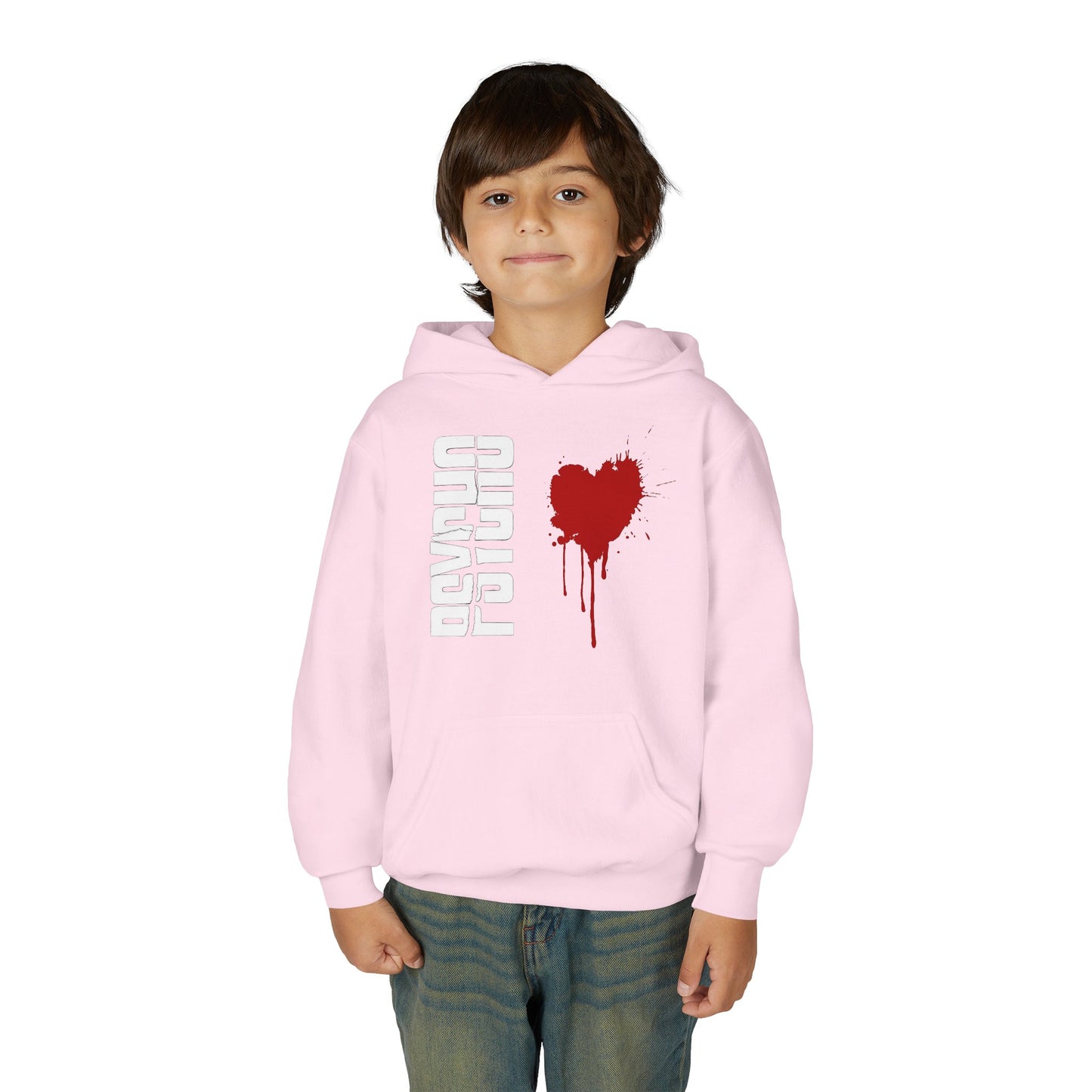Youth Hooded Sweatshirt with Heart Design, Cozy Pullover, Trendy Sweatshirt, Gift for Teens, Casual Wear, Fashion Hoodie