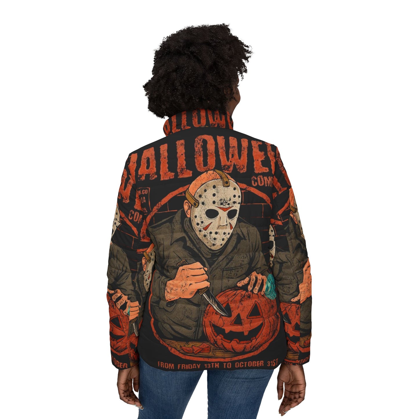 Halloween-Themed Women’s Puffer Jacket, Spooky Fashion, Trick or Treat Jacket, Cozy Outerwear for Fall, Unique Gift for Halloween Lovers