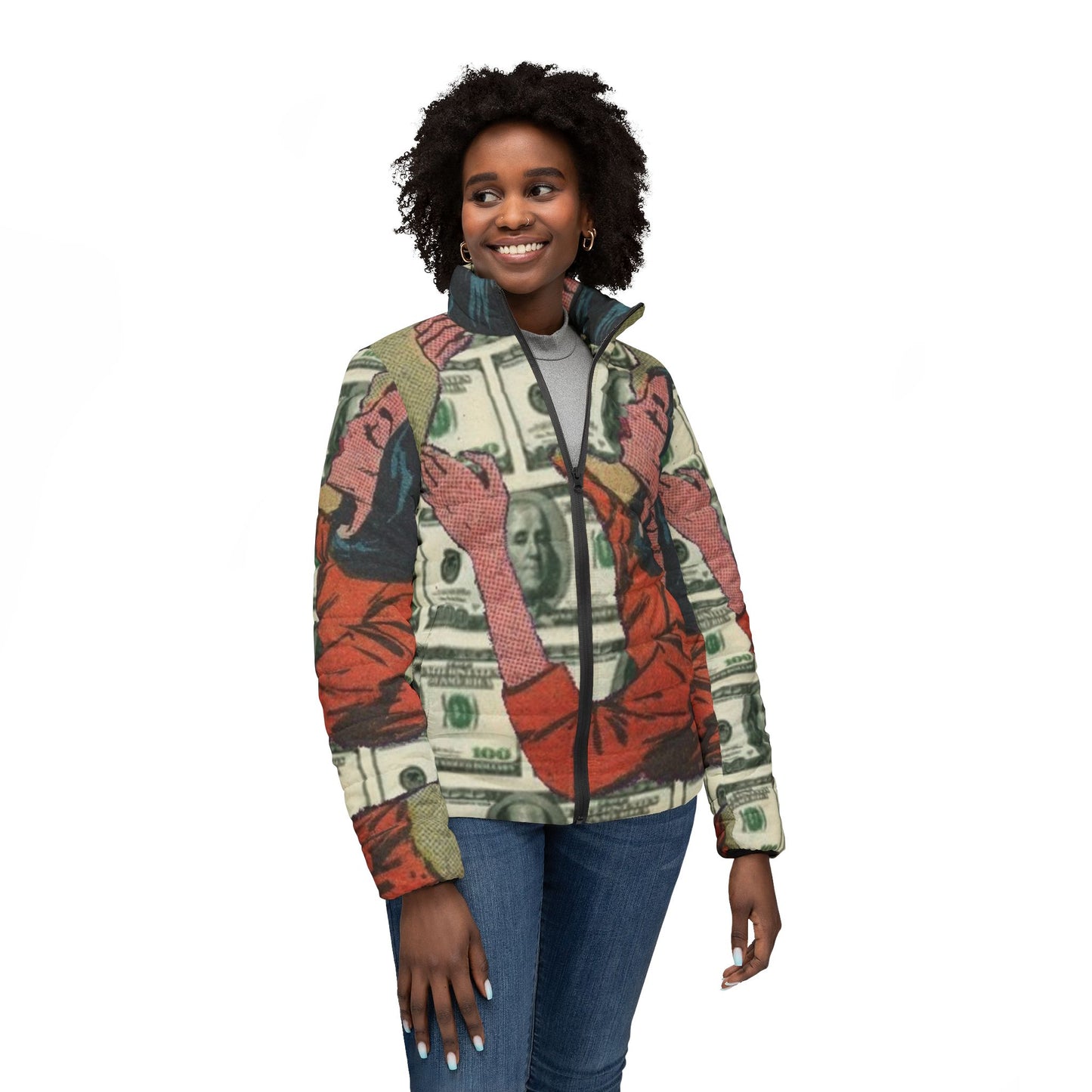 Money Vibes Women's Puffer Jacket, Cozy Fashion, Trendy Winter Wear, Unique Street Style, Gift for Her