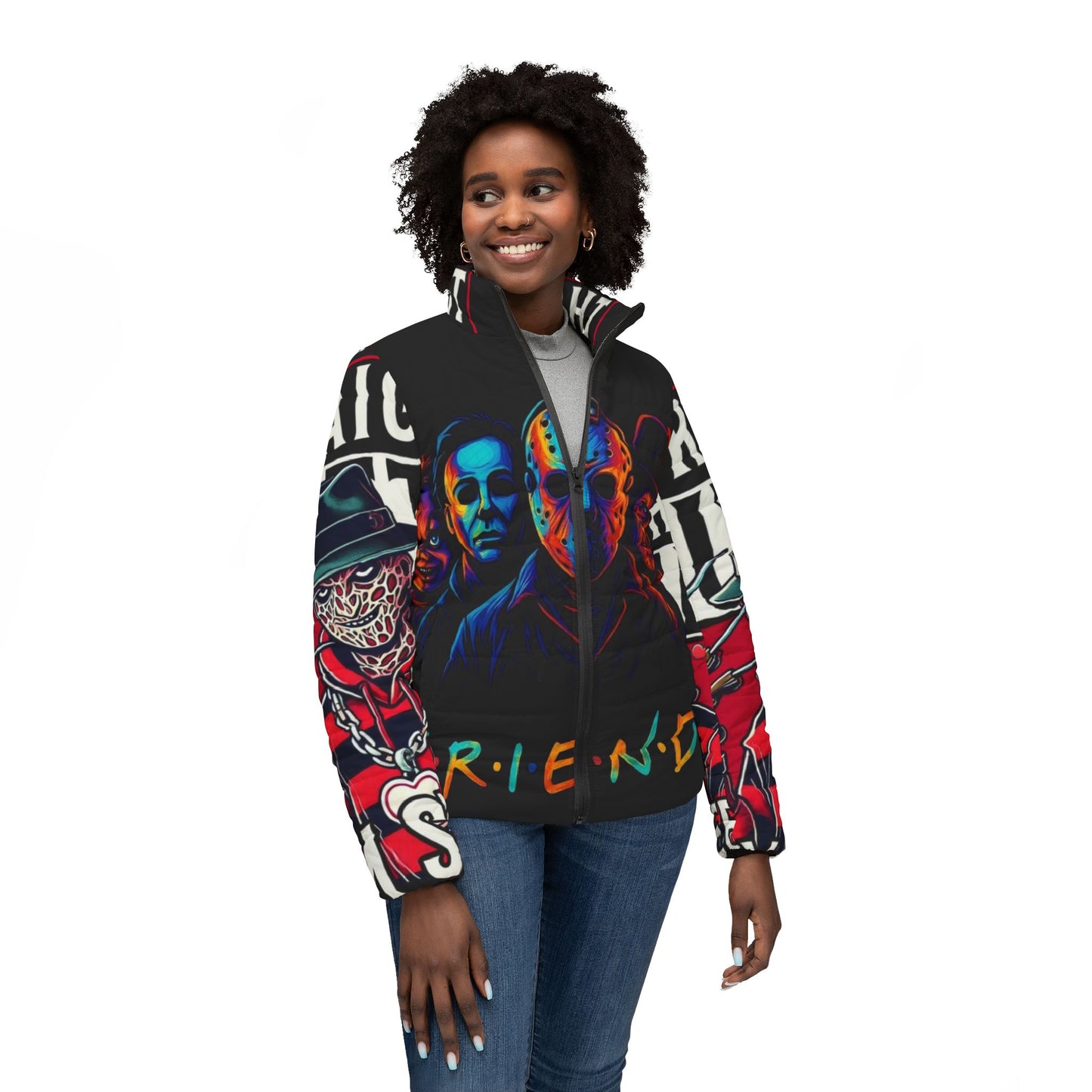 Horror Fan Women’s Puffer Jacket, Halloween Outerwear, Streetwear, Gift for Friends, Autumn Style