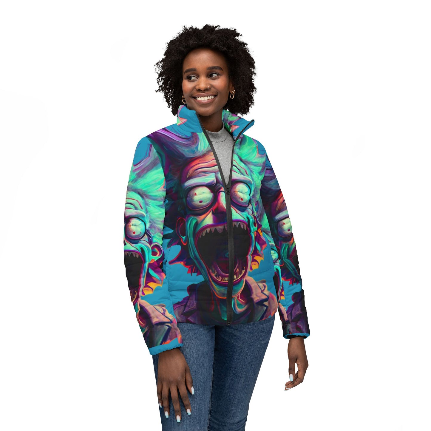 Rick and Morty Puffer Jacket, Colorful Winter Coat, Cartoon Fan Apparel, Unique Outerwear, Cosplay Jacket, Gift for Geeks