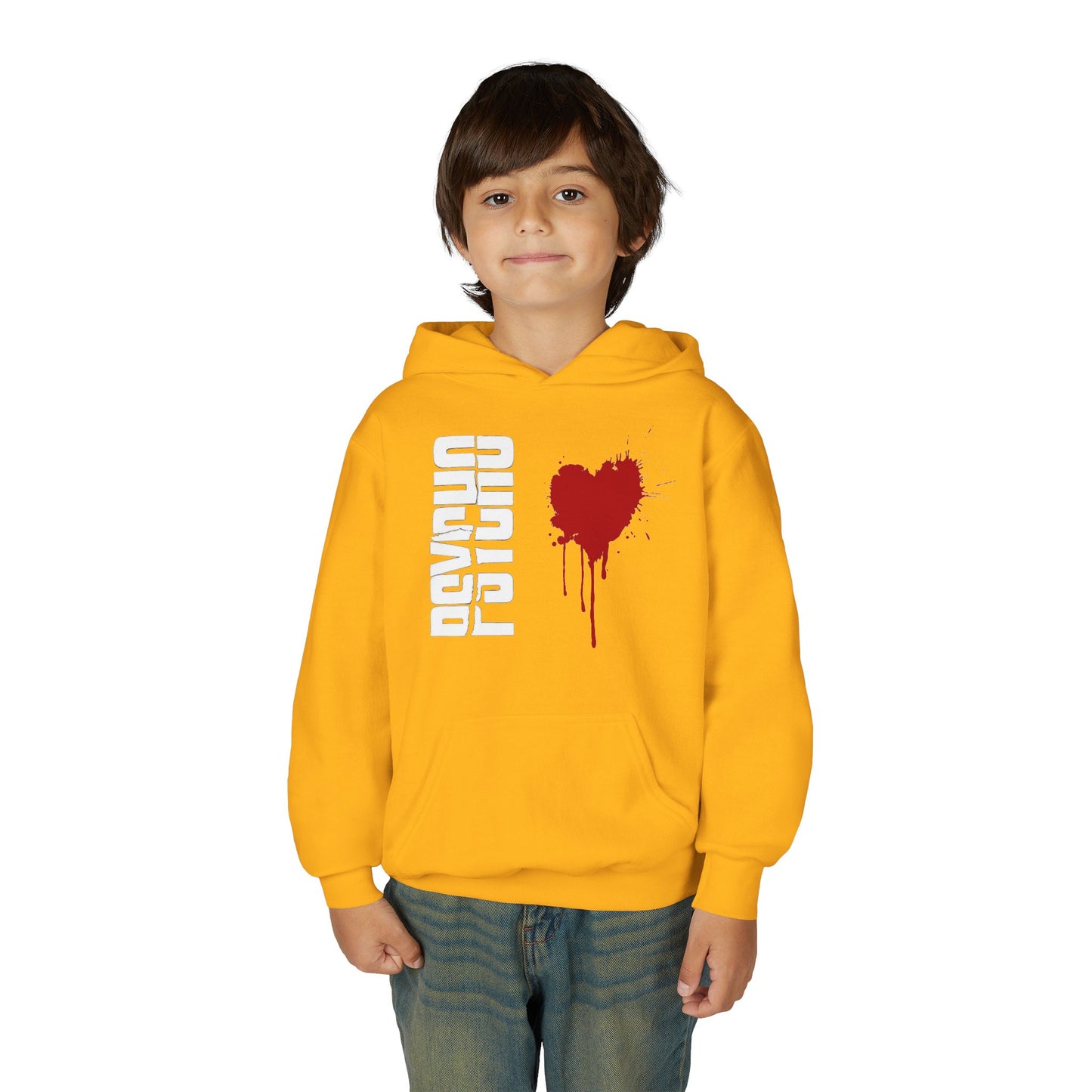 Youth Hooded Sweatshirt with Heart Design, Cozy Pullover, Trendy Sweatshirt, Gift for Teens, Casual Wear, Fashion Hoodie