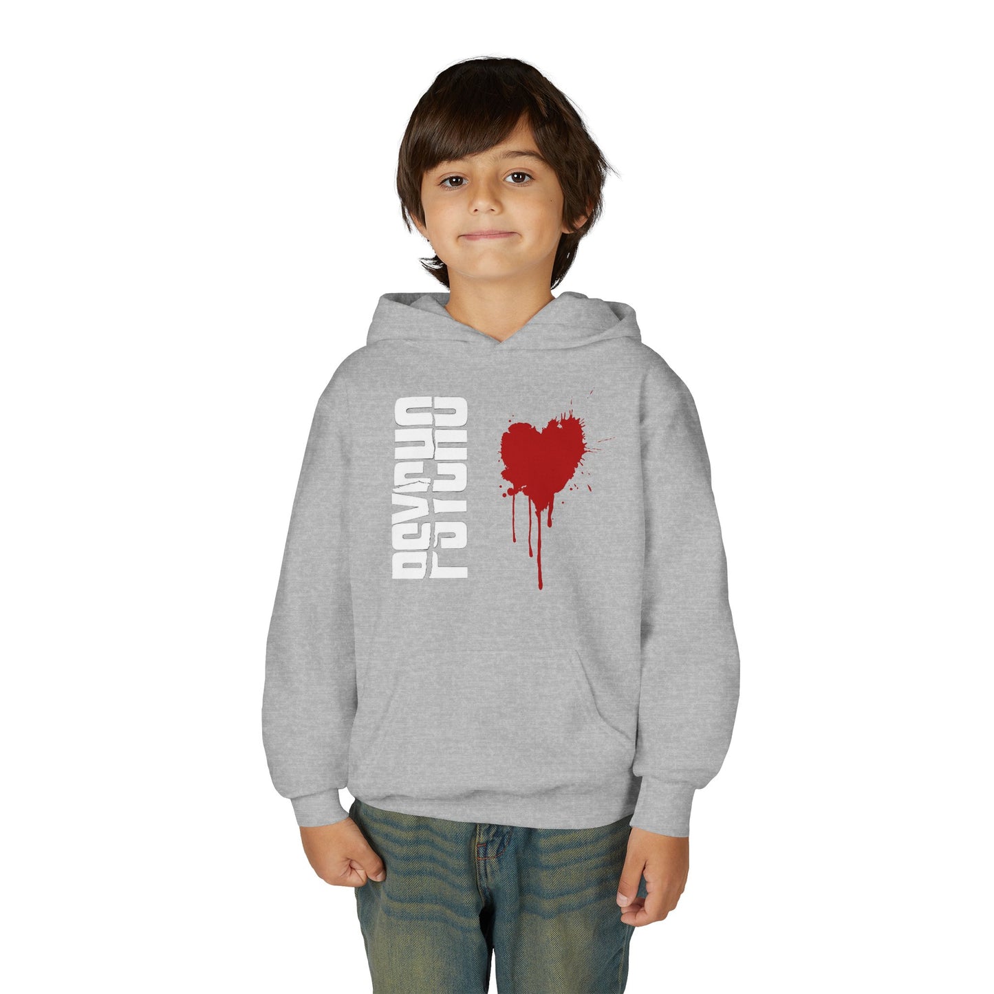 Youth Hooded Sweatshirt with Heart Design, Cozy Pullover, Trendy Sweatshirt, Gift for Teens, Casual Wear, Fashion Hoodie