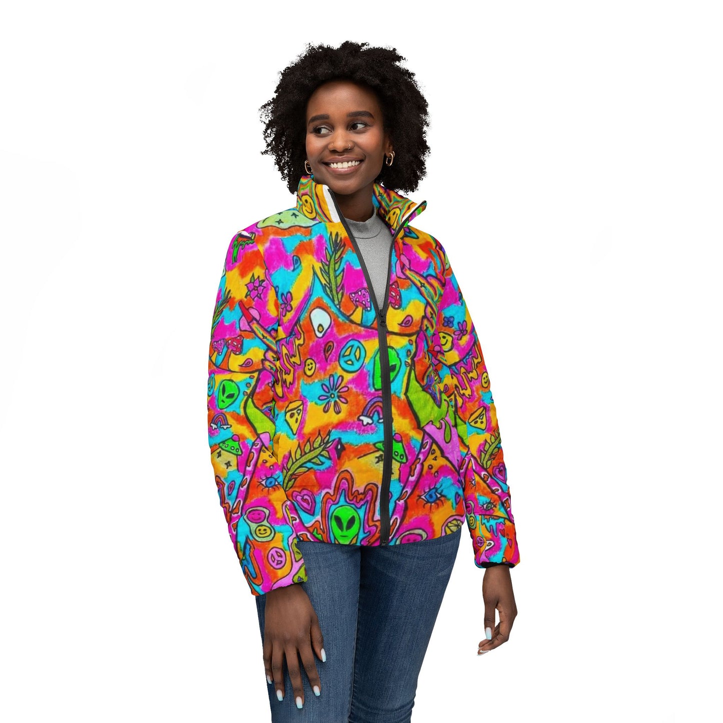 Colorful Women’s Puffer Jacket, Vibrant Winter Coat, Funky Outerwear, Trendy Warm Jacket, Perfect for Festivals, Unique Gift Idea