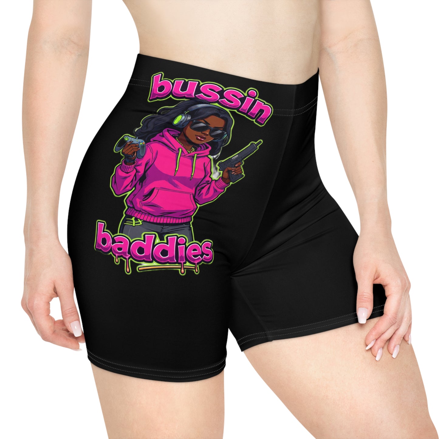 Biker Shorts for Trendy Women - 'Bussin Baddies' Graphic, Perfect for Fitness, Casual Wear, Summer, Vacations, Festivals