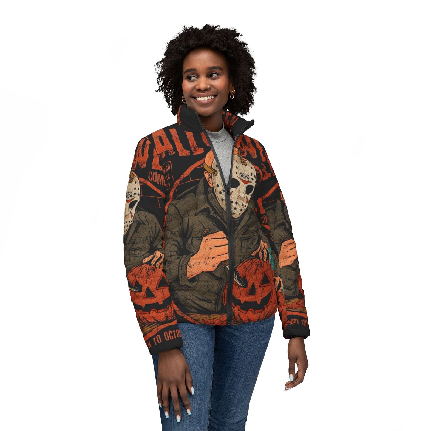 Halloween-Themed Women’s Puffer Jacket, Spooky Fashion, Trick or Treat Jacket, Cozy Outerwear for Fall, Unique Gift for Halloween Lovers