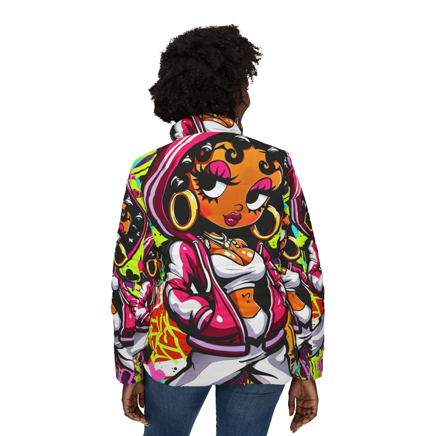 Vibrant Graffiti Women's Puffer Jacket, Streetwear, Urban Style, Fashion Outerwear, Gift for Her, Unique Layering Piece