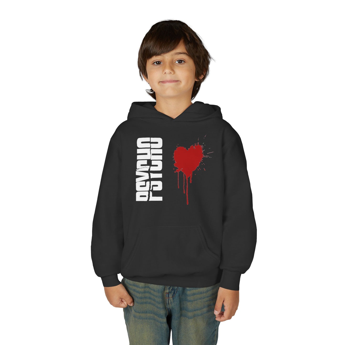 Youth Hooded Sweatshirt with Heart Design, Cozy Pullover, Trendy Sweatshirt, Gift for Teens, Casual Wear, Fashion Hoodie