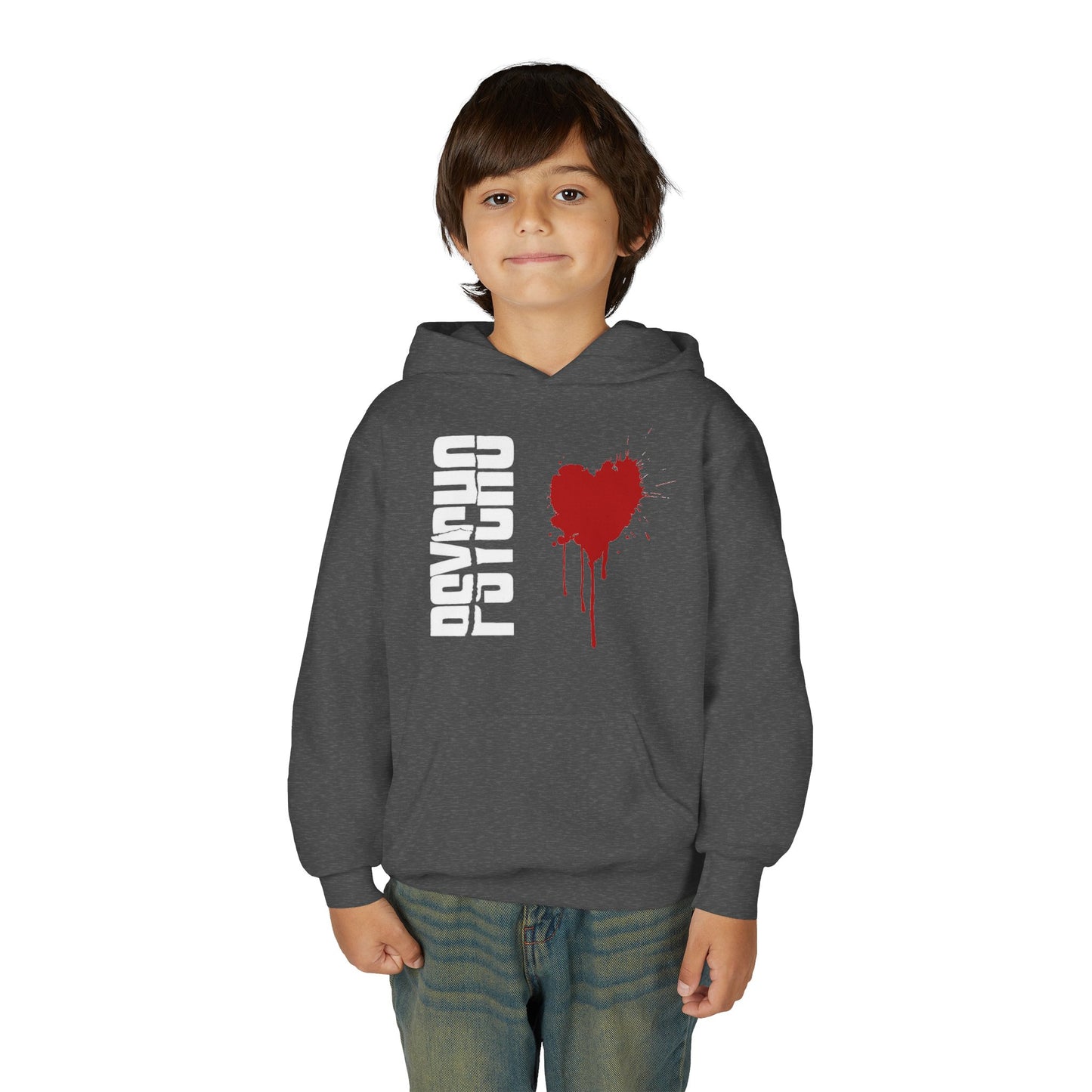 Youth Hooded Sweatshirt with Heart Design, Cozy Pullover, Trendy Sweatshirt, Gift for Teens, Casual Wear, Fashion Hoodie