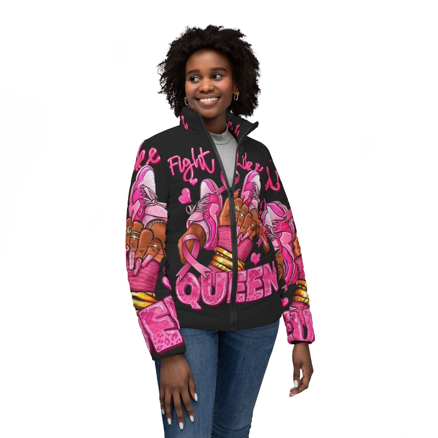 Empowering Women’s Puffer Jacket | Fight Like a Queen | Cozy Outerwear for Cancer Awareness, Casual Style, Gift for Strong Women