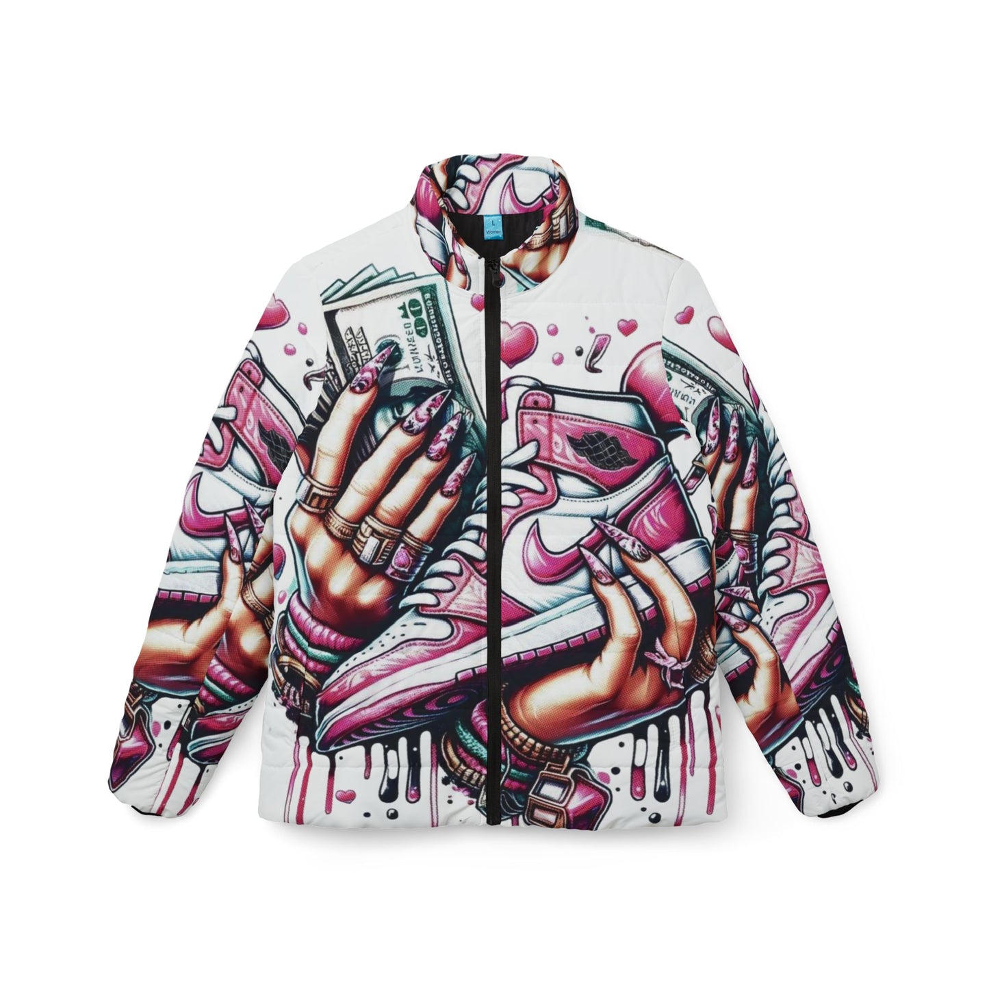 Trendy Women's Street Art Puffer Jacket, Bold Graphic Coat, Fashionable Outerwear, Sneaker Culture Jacket, Stylish Winter Wear