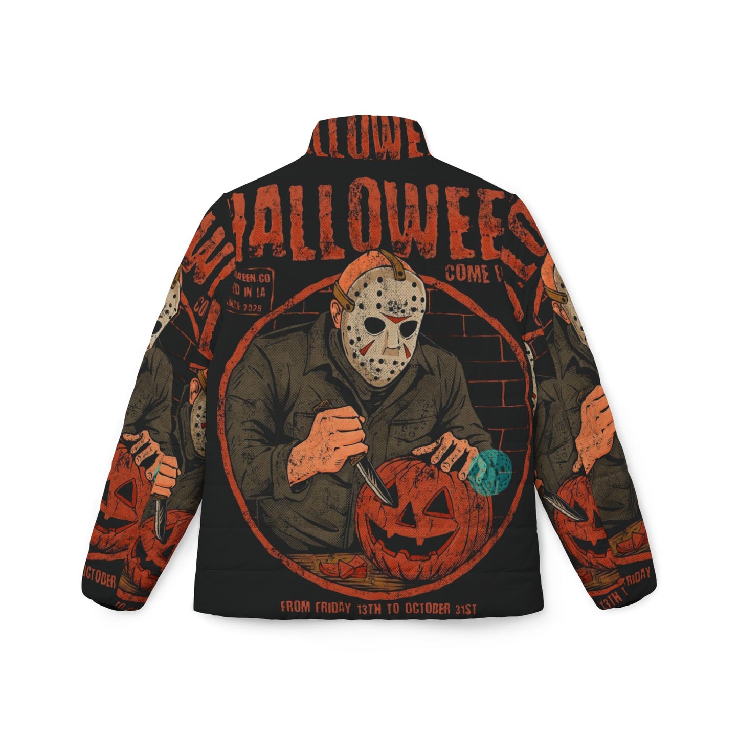 Halloween-Themed Women’s Puffer Jacket, Spooky Fashion, Trick or Treat Jacket, Cozy Outerwear for Fall, Unique Gift for Halloween Lovers