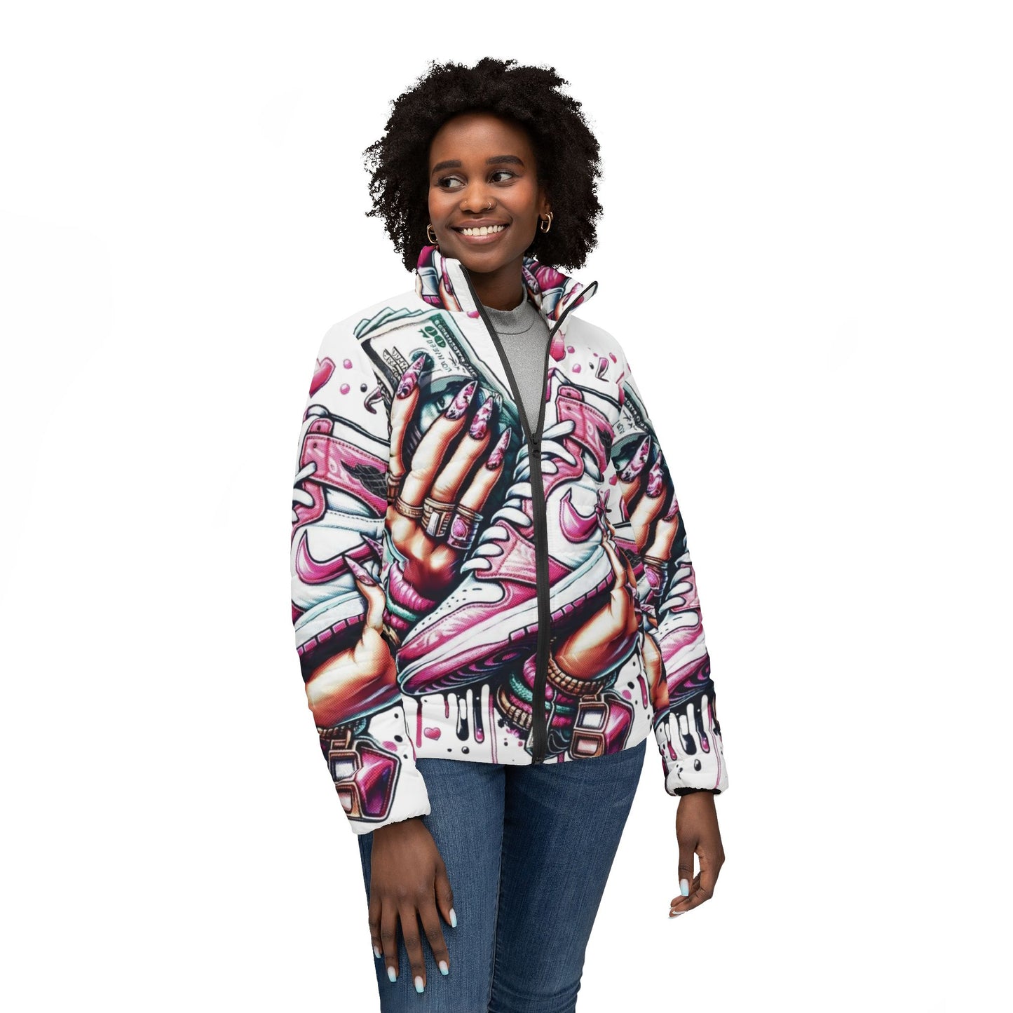 Trendy Women's Street Art Puffer Jacket, Bold Graphic Coat, Fashionable Outerwear, Sneaker Culture Jacket, Stylish Winter Wear