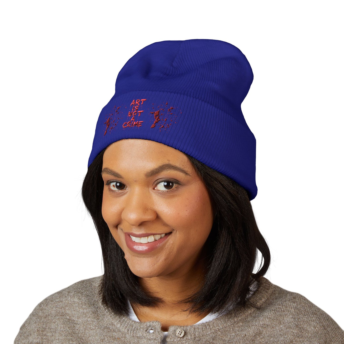 Art is Not Crime Cuffed Beanie, Cozy Winter Hat, Stylish Embroidered Beanie, Gift for Artists, Urban Fashion Accessory, Unisex Beanie