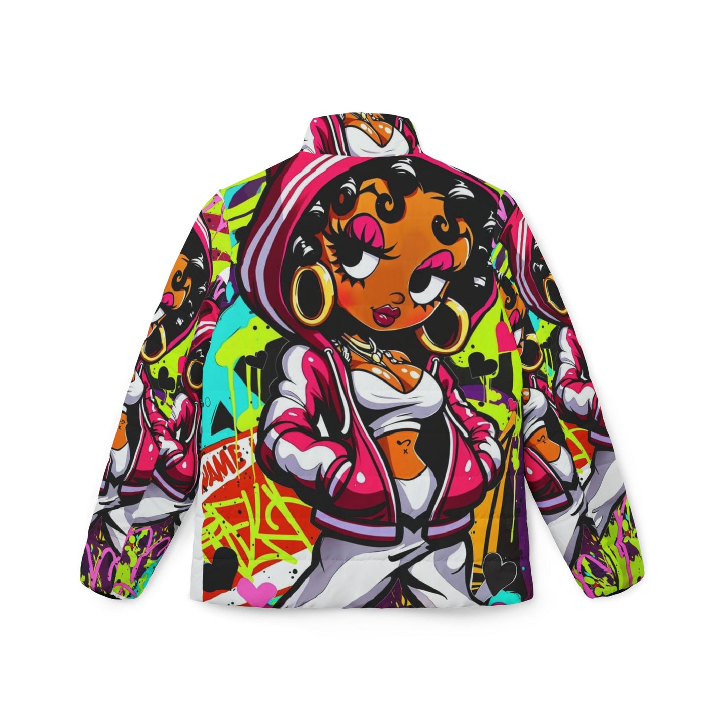 Vibrant Graffiti Women's Puffer Jacket, Streetwear, Urban Style, Fashion Outerwear, Gift for Her, Unique Layering Piece