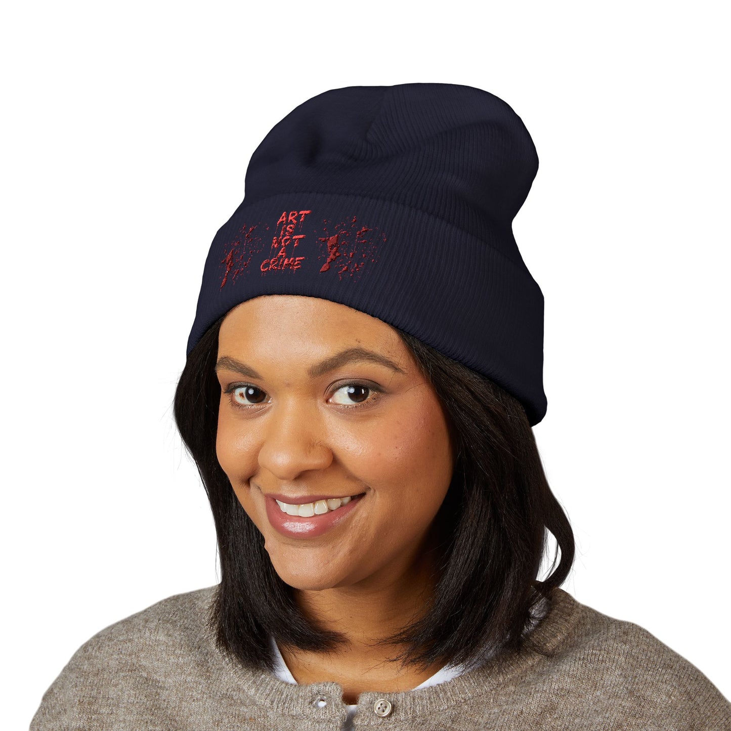 Art is Not Crime Cuffed Beanie, Cozy Winter Hat, Stylish Embroidered Beanie, Gift for Artists, Urban Fashion Accessory, Unisex Beanie