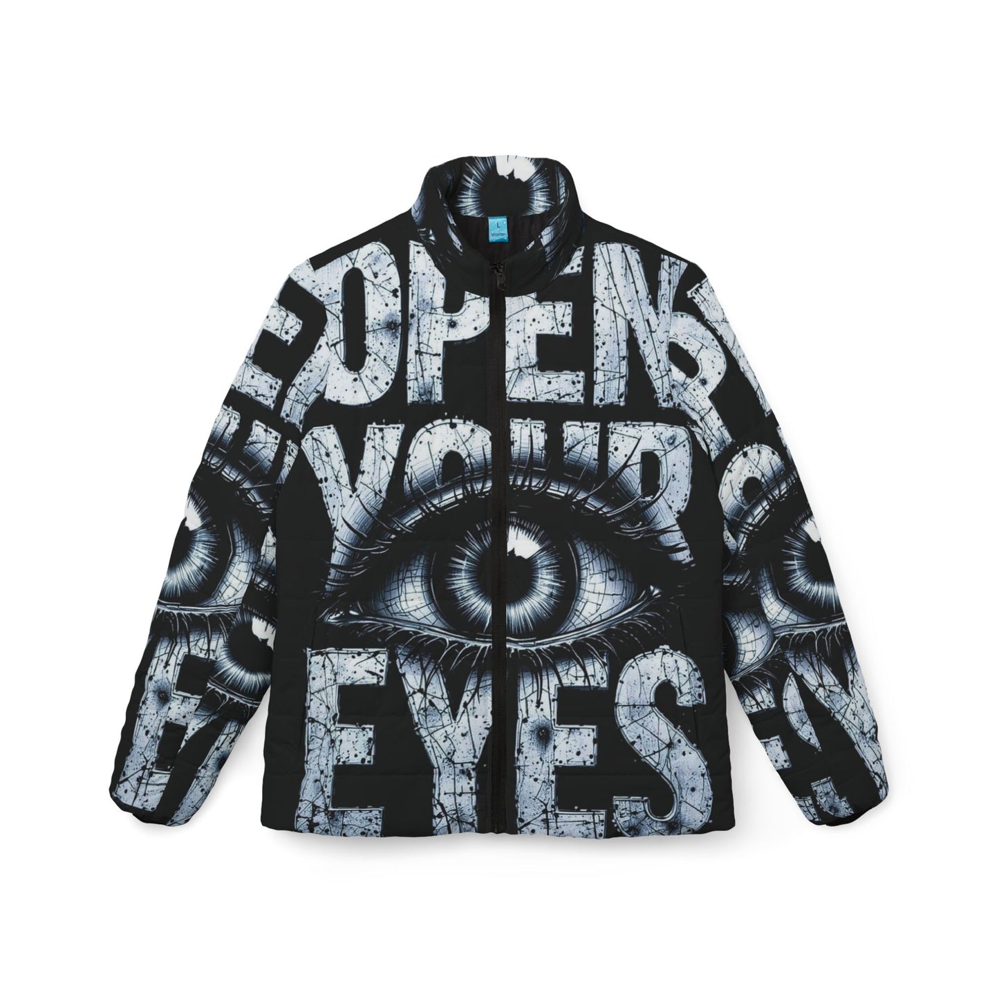 Edgy Women’s Puffer Jacket - Open Your Eyes, Streetwear, Fashion Outerwear, Artistic Design, Unisex
