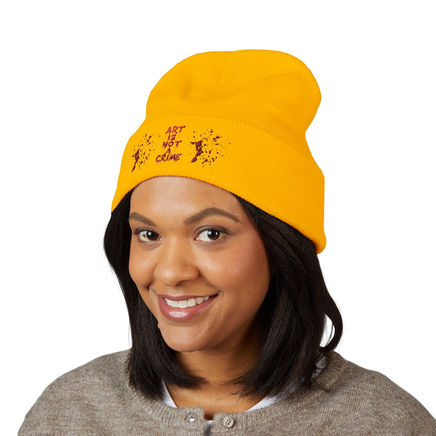 Art is Not Crime Cuffed Beanie, Cozy Winter Hat, Stylish Embroidered Beanie, Gift for Artists, Urban Fashion Accessory, Unisex Beanie