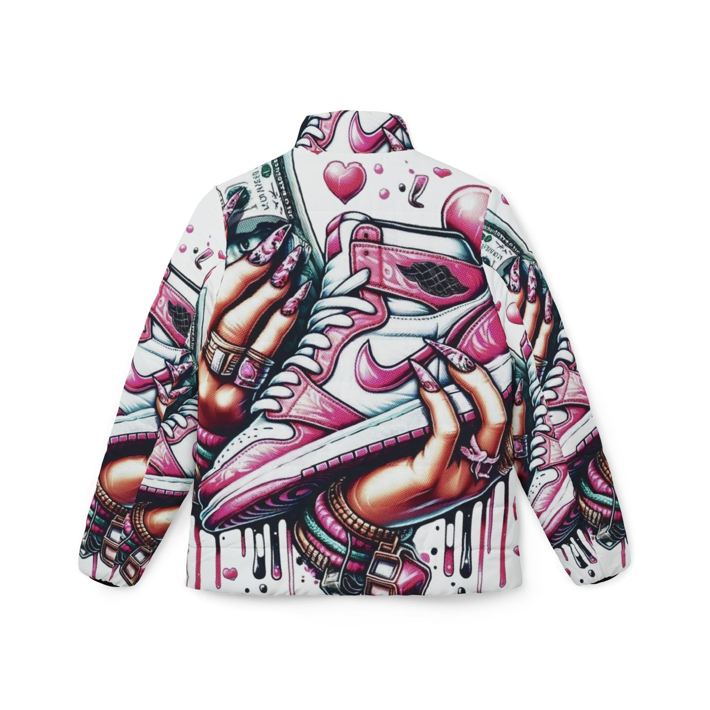 Trendy Women's Street Art Puffer Jacket, Bold Graphic Coat, Fashionable Outerwear, Sneaker Culture Jacket, Stylish Winter Wear