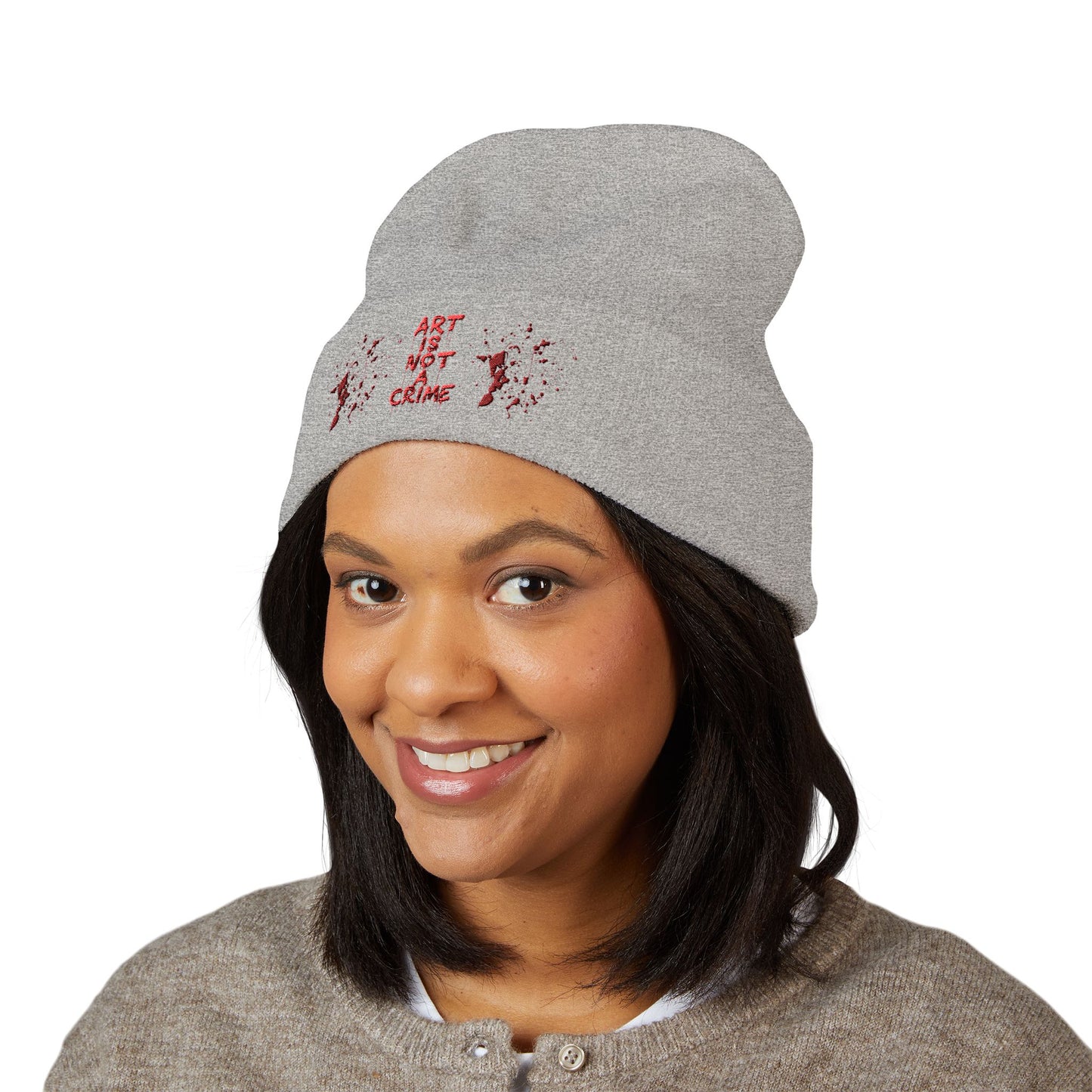 Art is Not Crime Cuffed Beanie, Cozy Winter Hat, Stylish Embroidered Beanie, Gift for Artists, Urban Fashion Accessory, Unisex Beanie