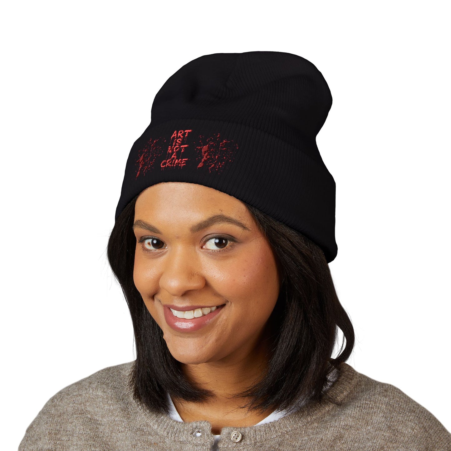 Art is Not Crime Cuffed Beanie, Cozy Winter Hat, Stylish Embroidered Beanie, Gift for Artists, Urban Fashion Accessory, Unisex Beanie