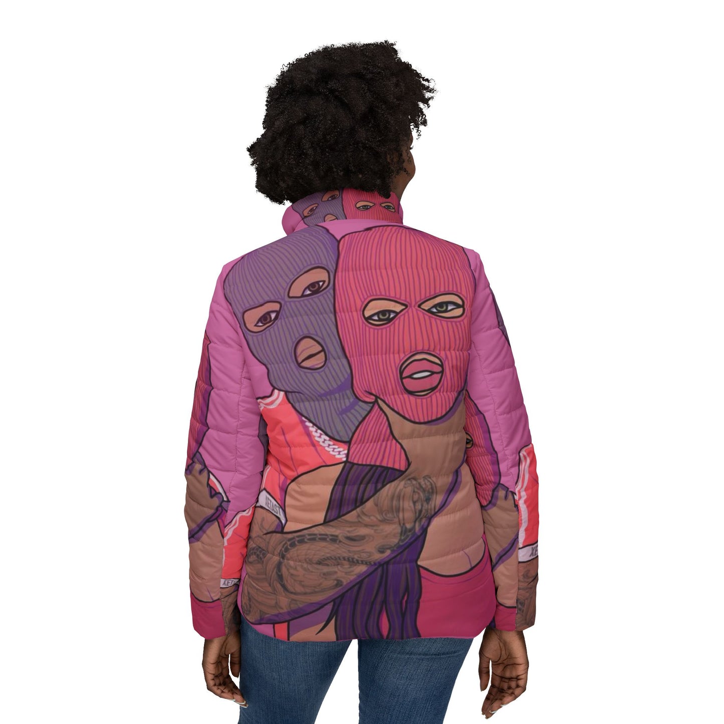 Bold Graphic Women's Puffer Jacket, Unique Streetwear, Warm Winter Outerwear, Trendy Casual Layer, Great for Gifts, Fashion Statement