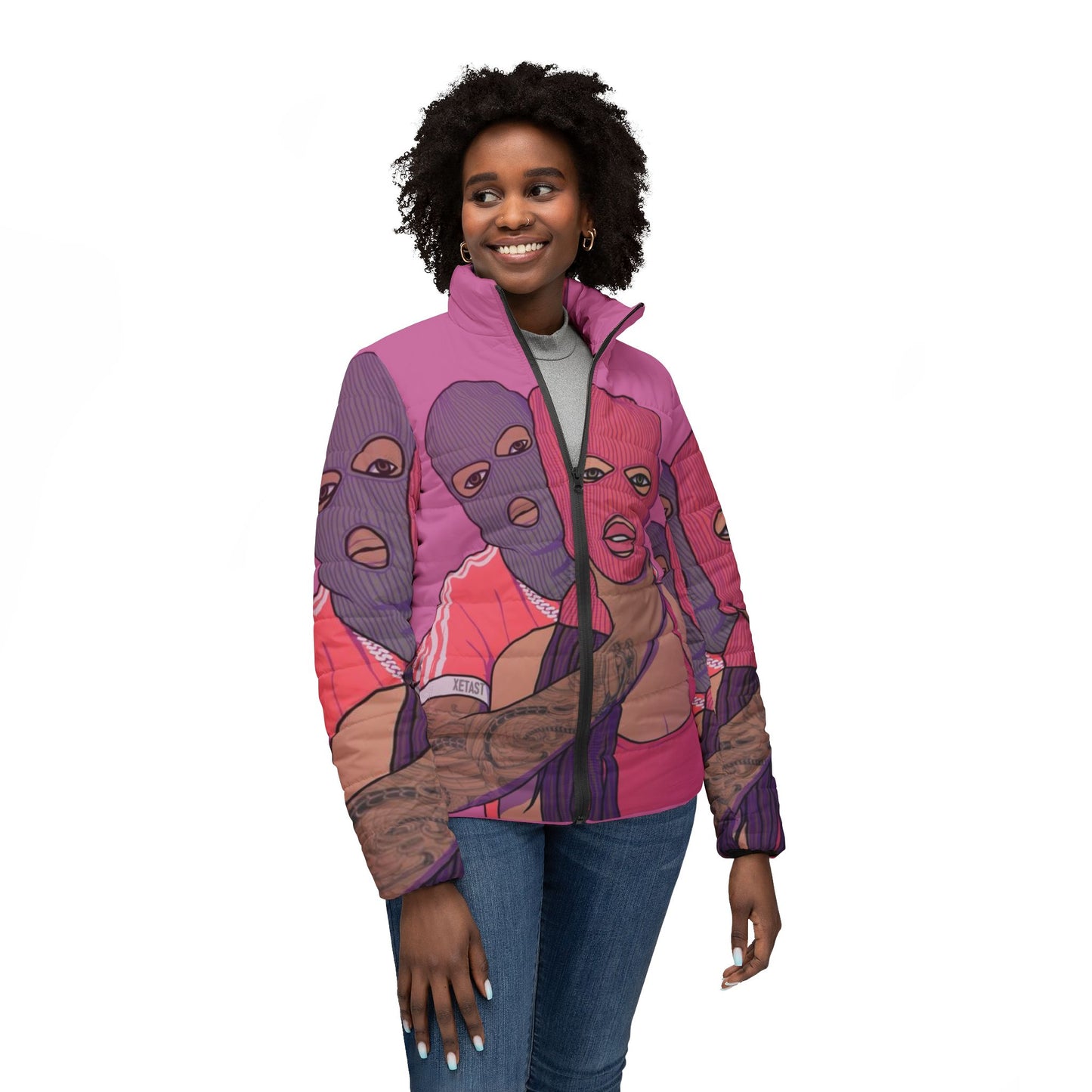 Bold Graphic Women's Puffer Jacket, Unique Streetwear, Warm Winter Outerwear, Trendy Casual Layer, Great for Gifts, Fashion Statement