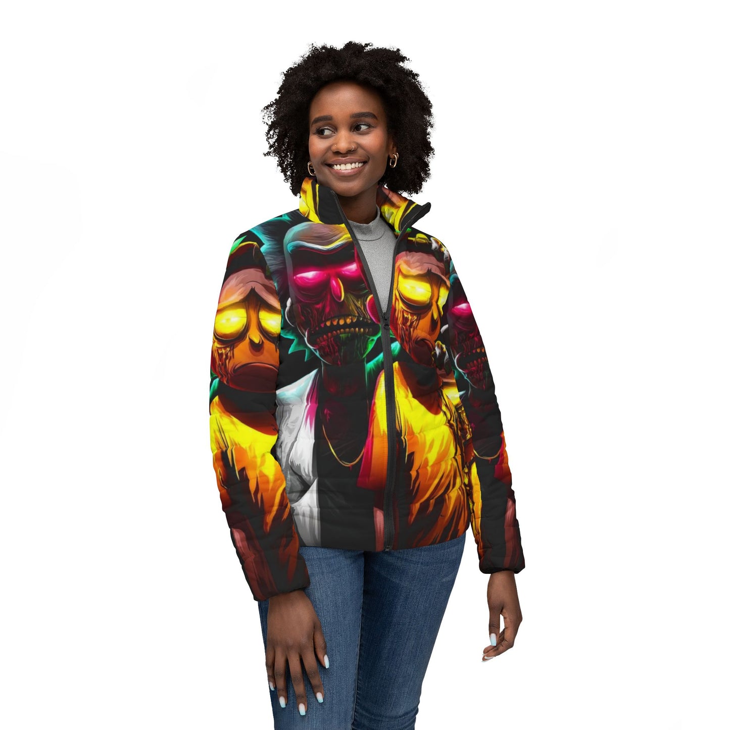 Vibrant Cartoon Puffer Jacket, Women's Stylish Outerwear, Trendy Winter Jacket, Unique Layering Piece, Cartoon Character Apparel