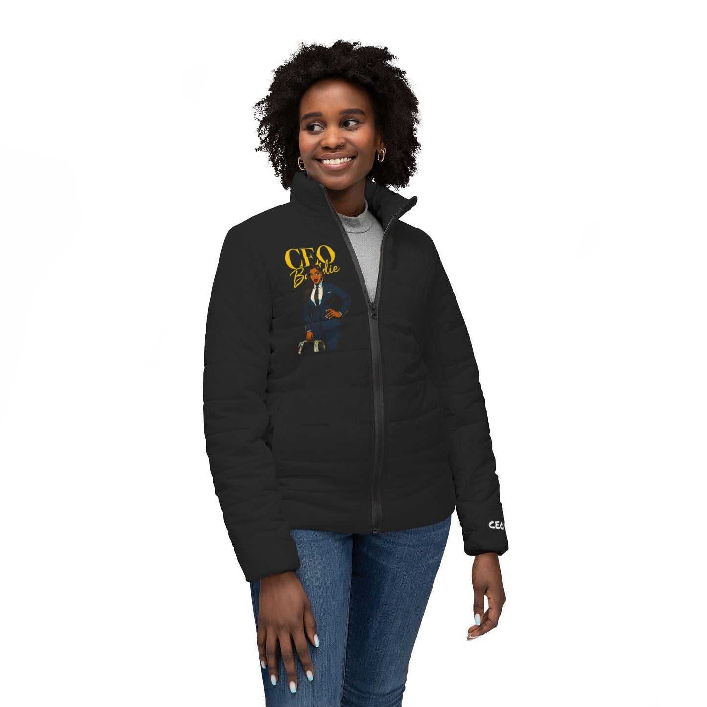 Chic Women’s Puffer Jacket, Trendy Outerwear, Fashionable Winter Coat, Bold CEO Style, Perfect Gift for Boss Ladies, AOP Design
