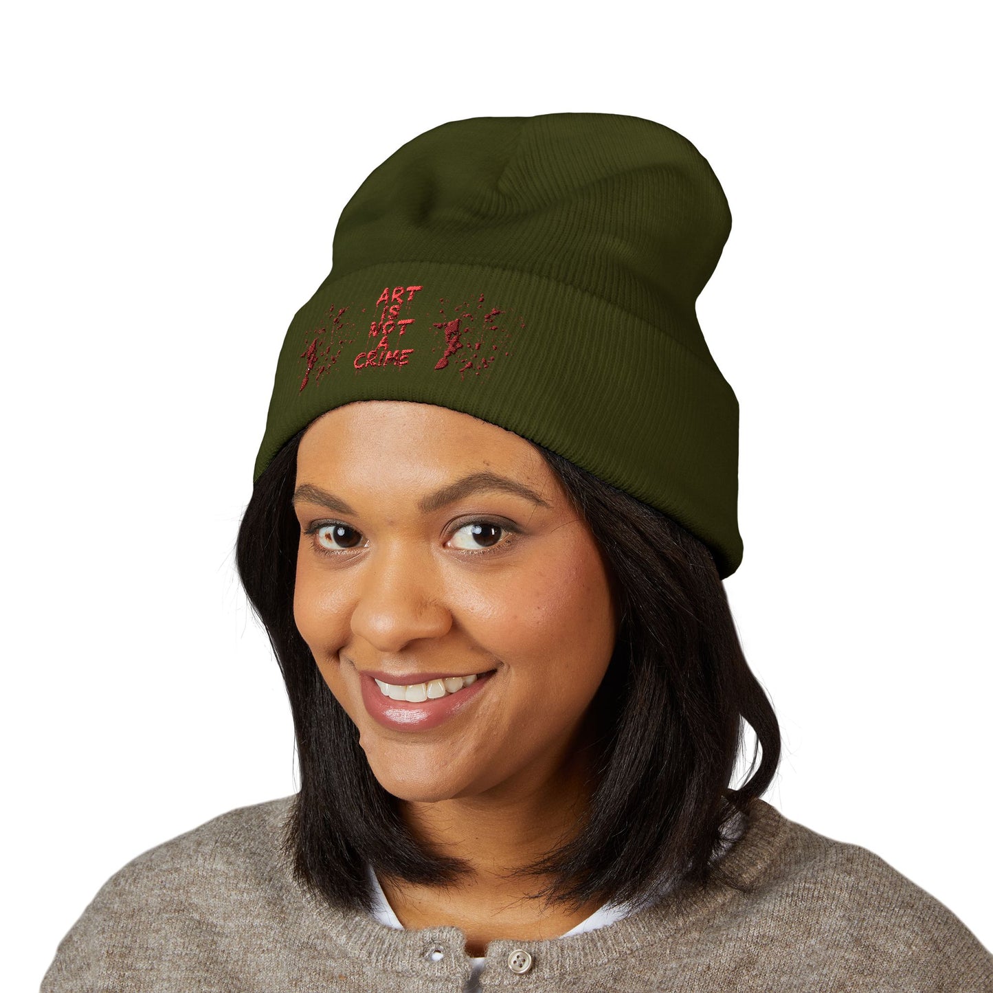 Art is Not Crime Cuffed Beanie, Cozy Winter Hat, Stylish Embroidered Beanie, Gift for Artists, Urban Fashion Accessory, Unisex Beanie