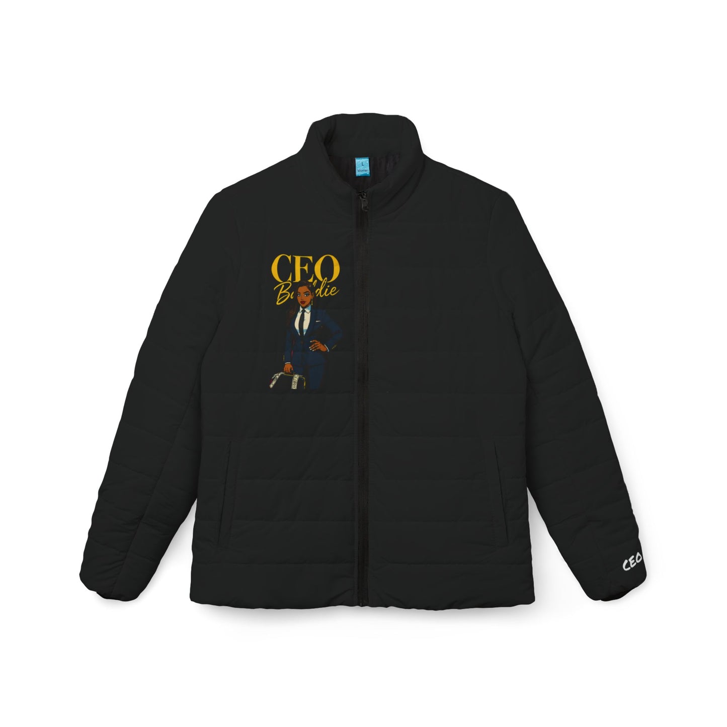Chic Women’s Puffer Jacket, Trendy Outerwear, Fashionable Winter Coat, Bold CEO Style, Perfect Gift for Boss Ladies, AOP Design