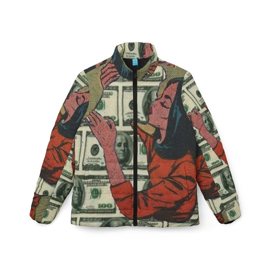 Money Vibes Women's Puffer Jacket, Cozy Fashion, Trendy Winter Wear, Unique Street Style, Gift for Her
