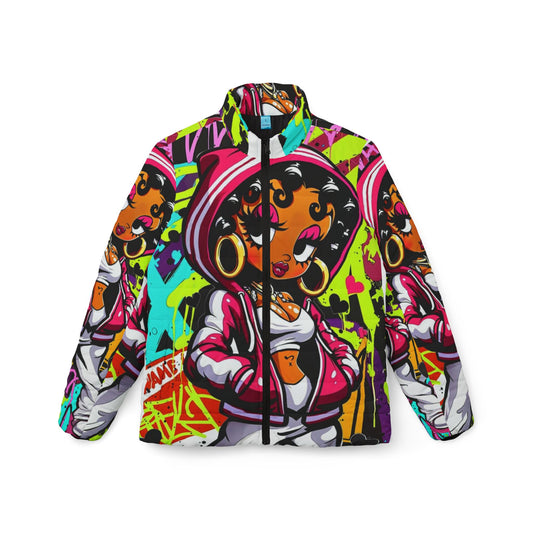 Vibrant Graffiti Women's Puffer Jacket, Streetwear, Urban Style, Fashion Outerwear, Gift for Her, Unique Layering Piece
