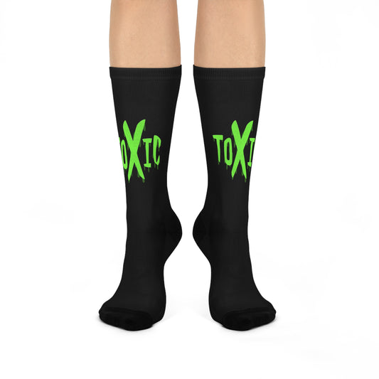 Toxic Vibes Crew Socks | Fun Cushioned Socks for Gift, Fashion, Everyday Wear | Halloween, Party, Casual Style