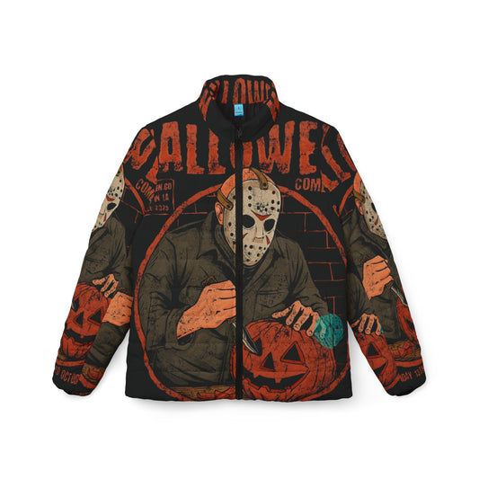 Halloween-Themed Women’s Puffer Jacket, Spooky Fashion, Trick or Treat Jacket, Cozy Outerwear for Fall, Unique Gift for Halloween Lovers