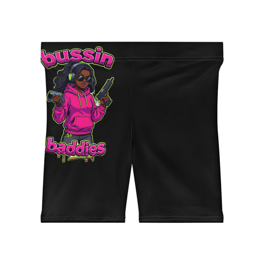 Biker Shorts for Trendy Women - 'Bussin Baddies' Graphic, Perfect for Fitness, Casual Wear, Summer, Vacations, Festivals