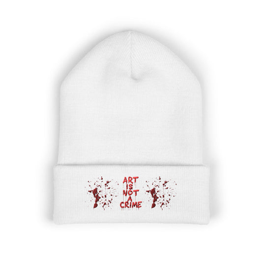 Art is Not Crime Cuffed Beanie, Cozy Winter Hat, Stylish Embroidered Beanie, Gift for Artists, Urban Fashion Accessory, Unisex Beanie