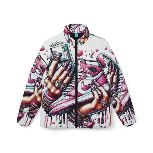 Trendy Women's Street Art Puffer Jacket, Bold Graphic Coat, Fashionable Outerwear, Sneaker Culture Jacket, Stylish Winter Wear