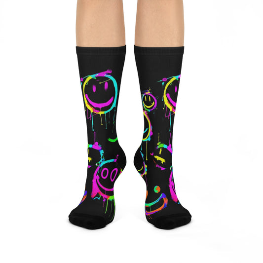 Colorful Happy Face Crew Socks, Fun Socks, Vibrant Socks, Gift for Friends, Cheerful Footwear, Mood Lifting Accessories