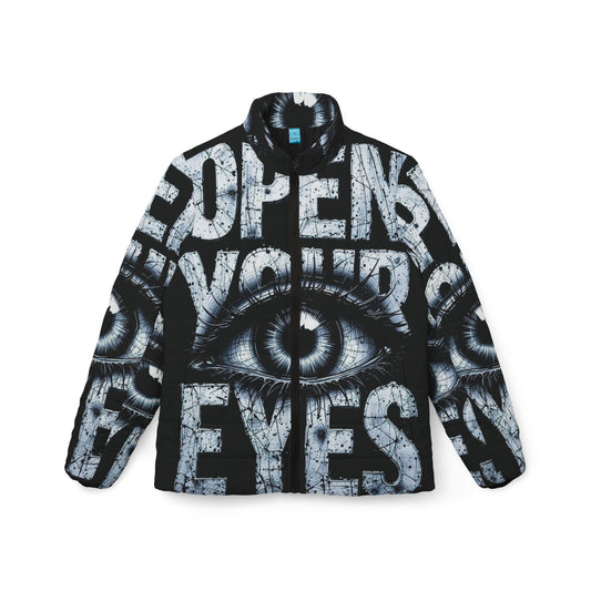 Edgy Women’s Puffer Jacket - Open Your Eyes, Streetwear, Fashion Outerwear, Artistic Design, Unisex
